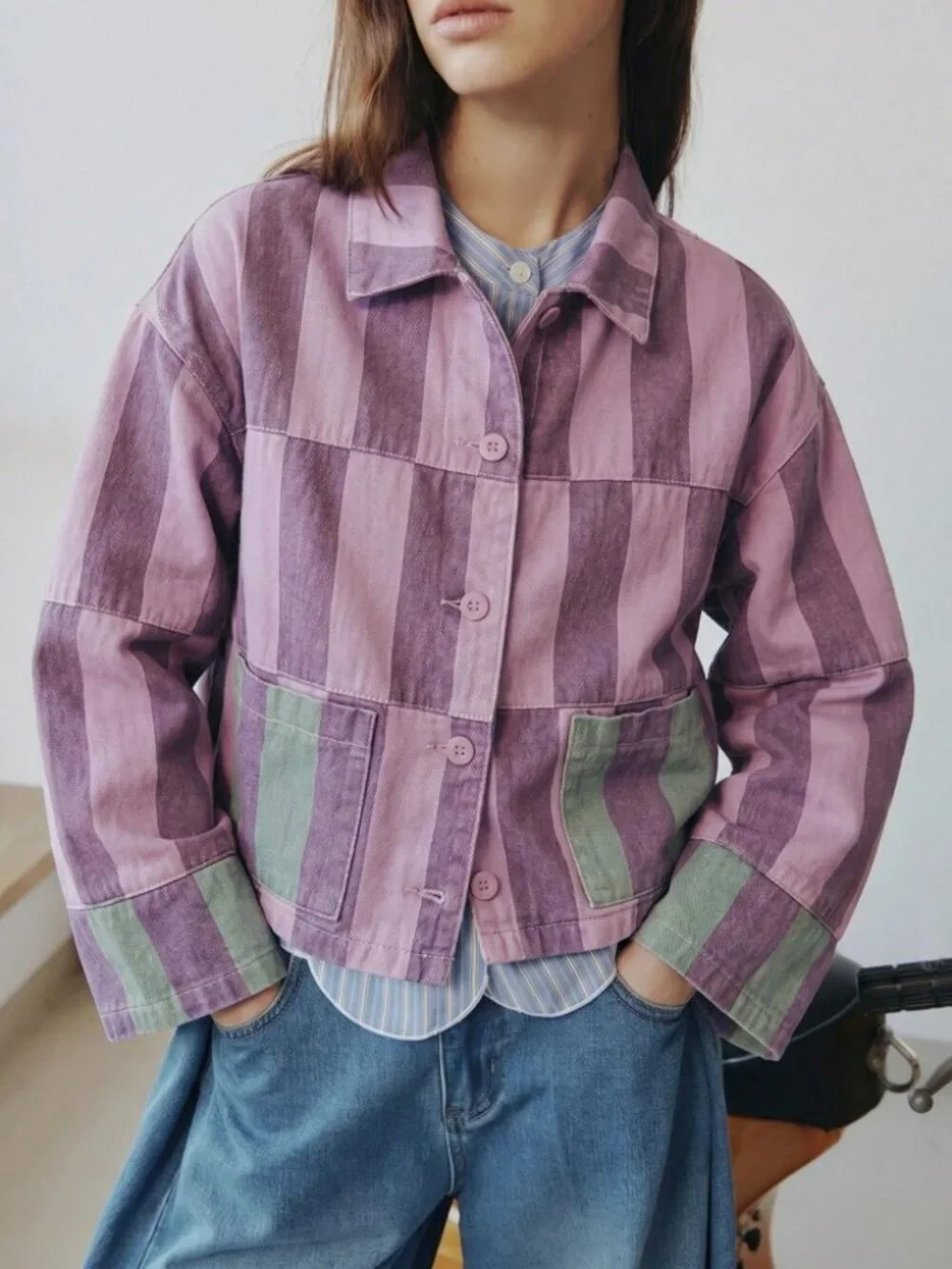 Mauve Pink Patchwork Denim Jacket with Contrast Trim